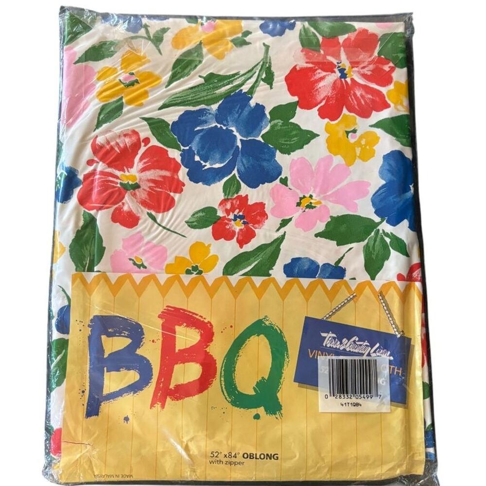 VTG 90s TOWN & COUNTRY Vinyl Oblong Tablecloth Bright Florals 52 x 84 NEW SEALED